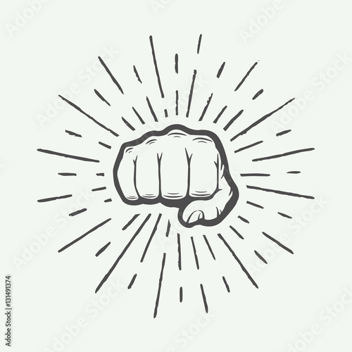Fist with sunbursts in vintage style. Graphic art. 