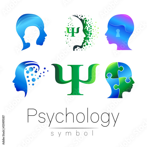 Modern head sign Set of Psychology. Profile Human. Creative style. Symbol in vector. Design concept. Brand company. Green orange blue violet color isolated on white background. Icon for web, print