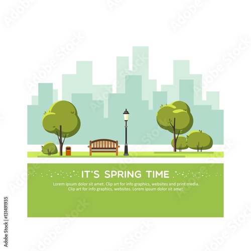 Spring landscape background. Public park in the city. Vector illustration.