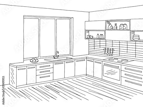 Kitchen room interior graphic black white sketch illustration vector