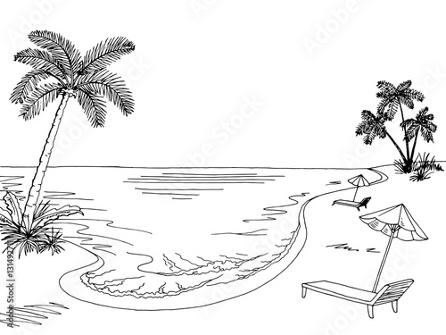 Sea coast graphic black white landscape sketch illustration vector