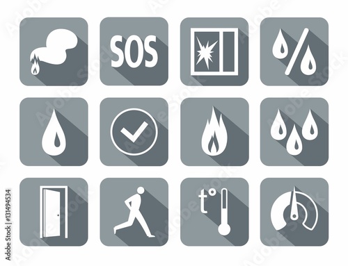 Alarm, fire detectors, humidity, motion, temperature, glass break, icons, gray. Vector white image on a gray background with shadow. Pictures for the sensors. 