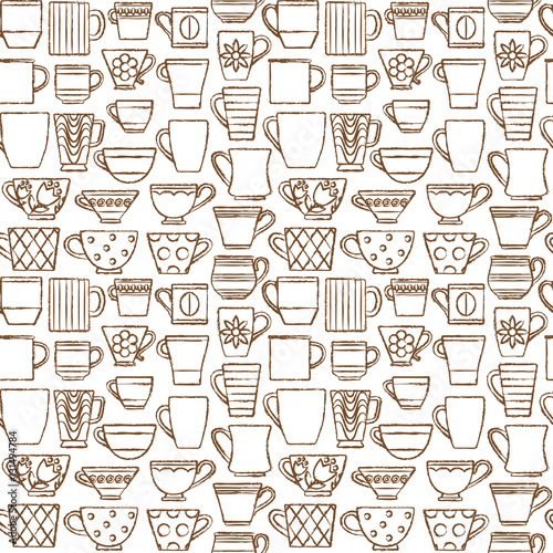 Hand drawn coffee cups and mugs in various shapes seamless pattern background 1