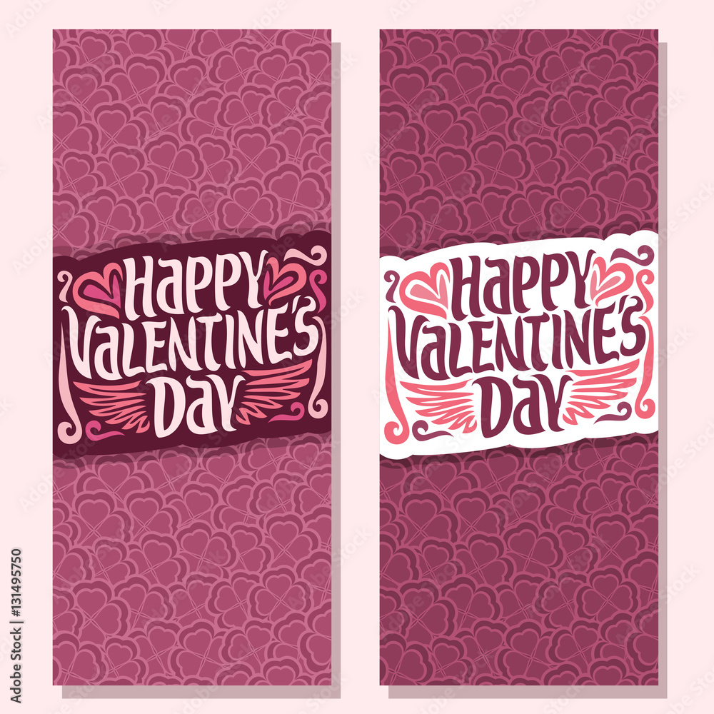 Vector abstract banners for Happy Valentine's Day: floral background, pink greeting valentines card, lettering on flower pattern, vertical banner for text holiday st. valentine, heart in clover petal. Vector abstract banners for Happy Valentine's Day: floral background, pink greeting valentines card, lettering on flower pattern, vertical banner for text holiday st. valentine, heart in clover petal.