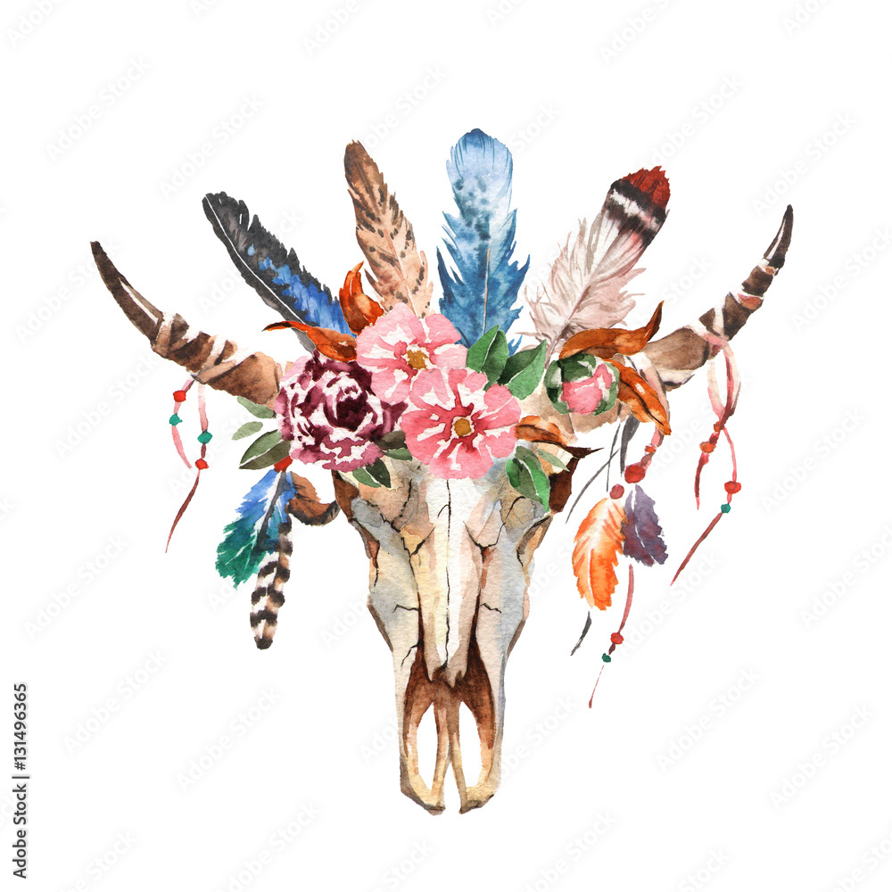 Watercolor isolated bull's head with flowers and feathers on white ...