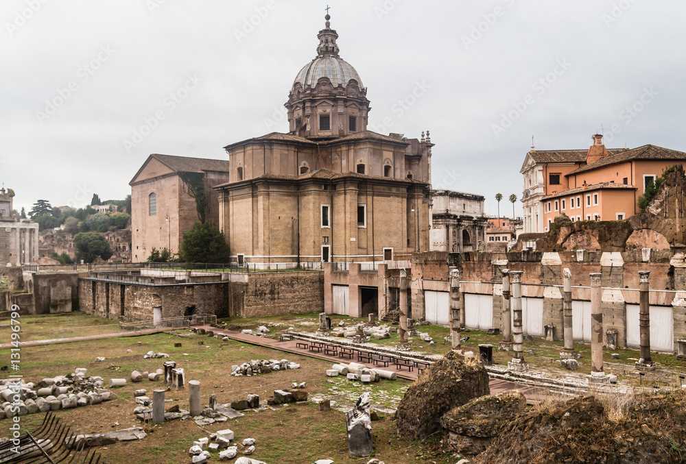 View of Santi Luca e Martina church from Forum of Caesar in Rome