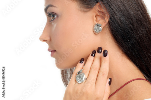 close-up studio portrait model demonstrate stylish finger ring a