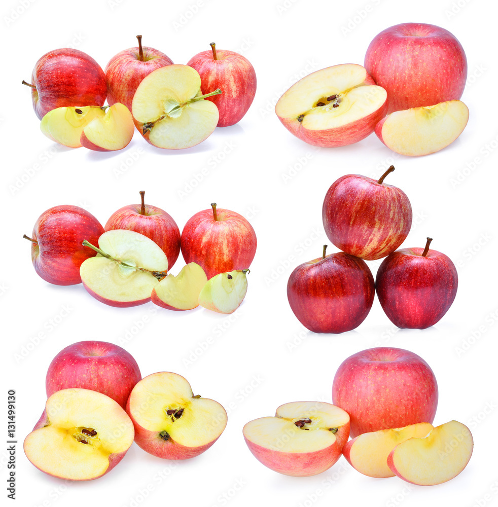 set of fresh red gala apples with slice isolated on white backgr set of fresh red gala apples with slice isolated on white backgr