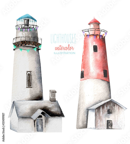 Illustration with watercolor lighthouses, hand painted isolated on a white background photo