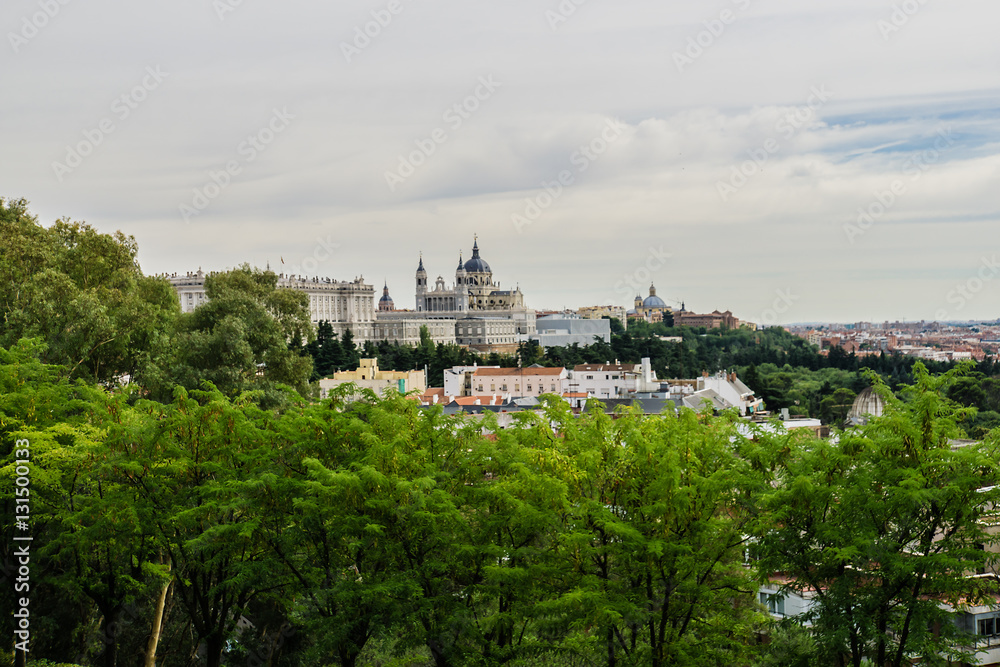 Madrid Panorama with Royal Palace and Almudena Cathedral. Spain.