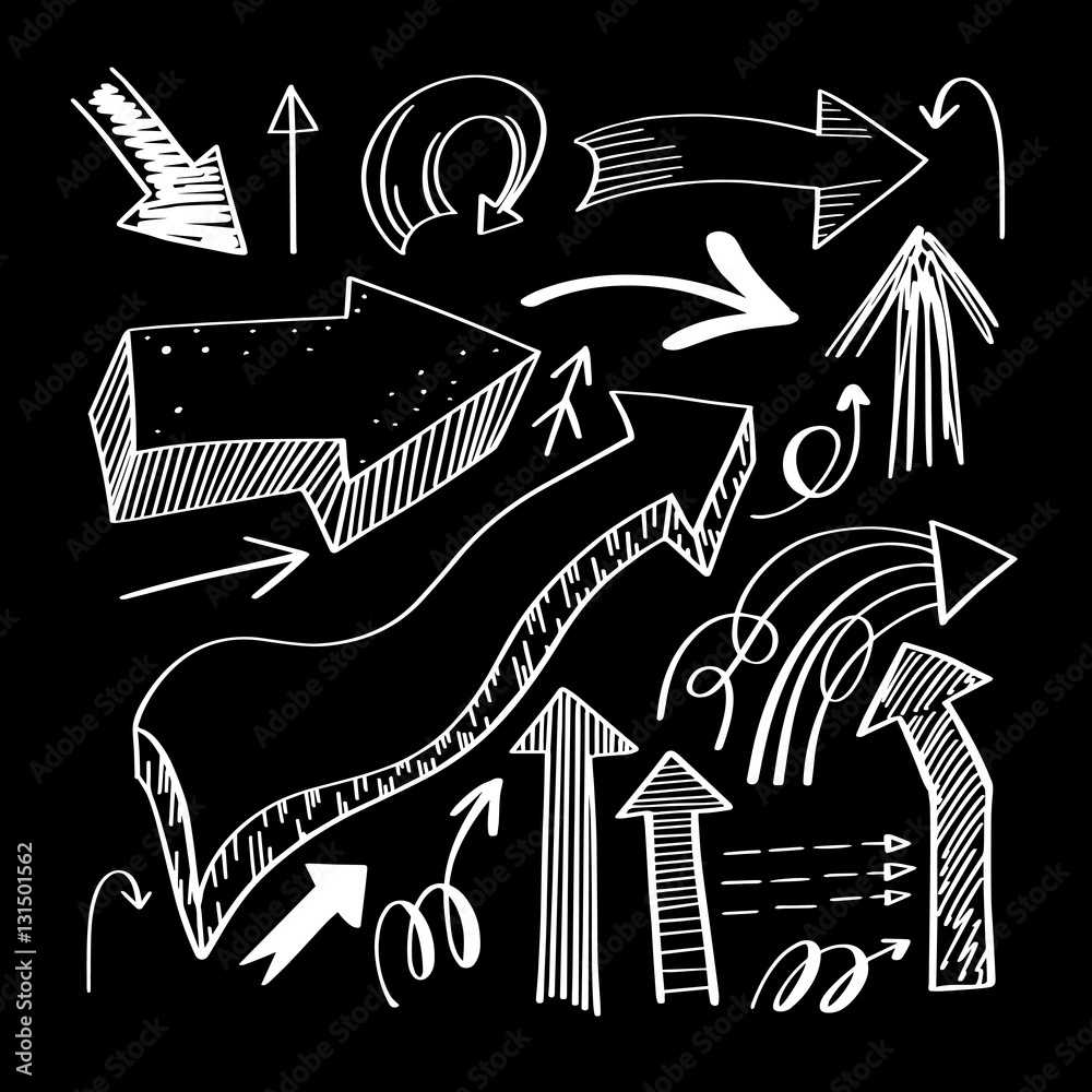 set of hand drawing isolated arrows collection on black backgrou set of hand drawing isolated arrows collection on black backgrou