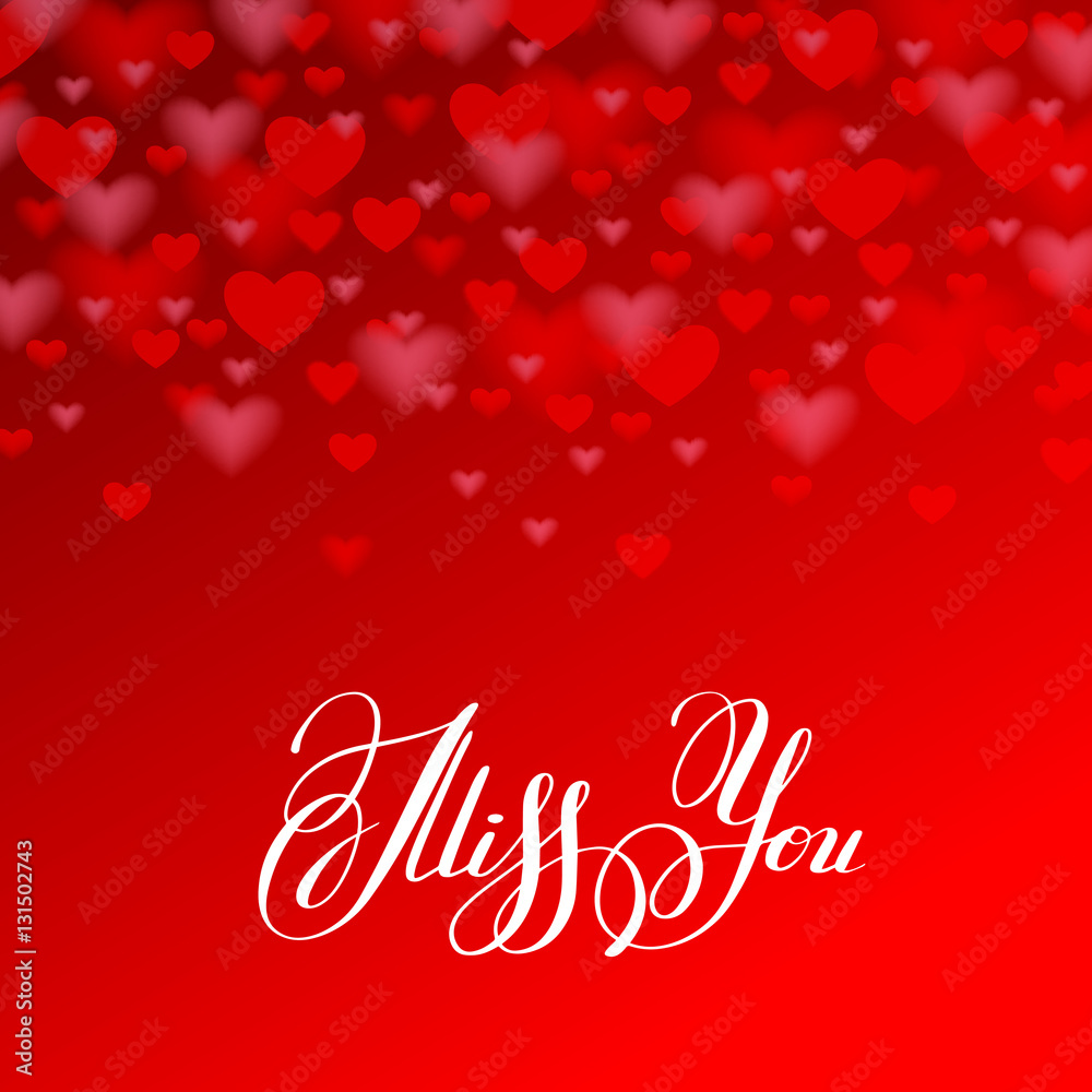 miss you inscription hand lettering on red heart shape backgroun