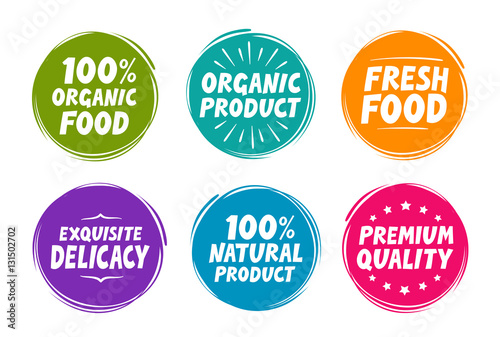 Collection symbols such as natural and organic product, fresh food, exquisite delicacy, premium quality. Icons vector illustration