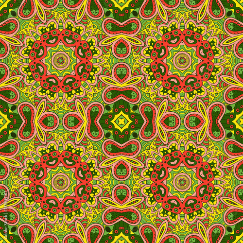 Mandala Eastern pattern. Zentangl seamless ornament. Yellow, rose and green colors