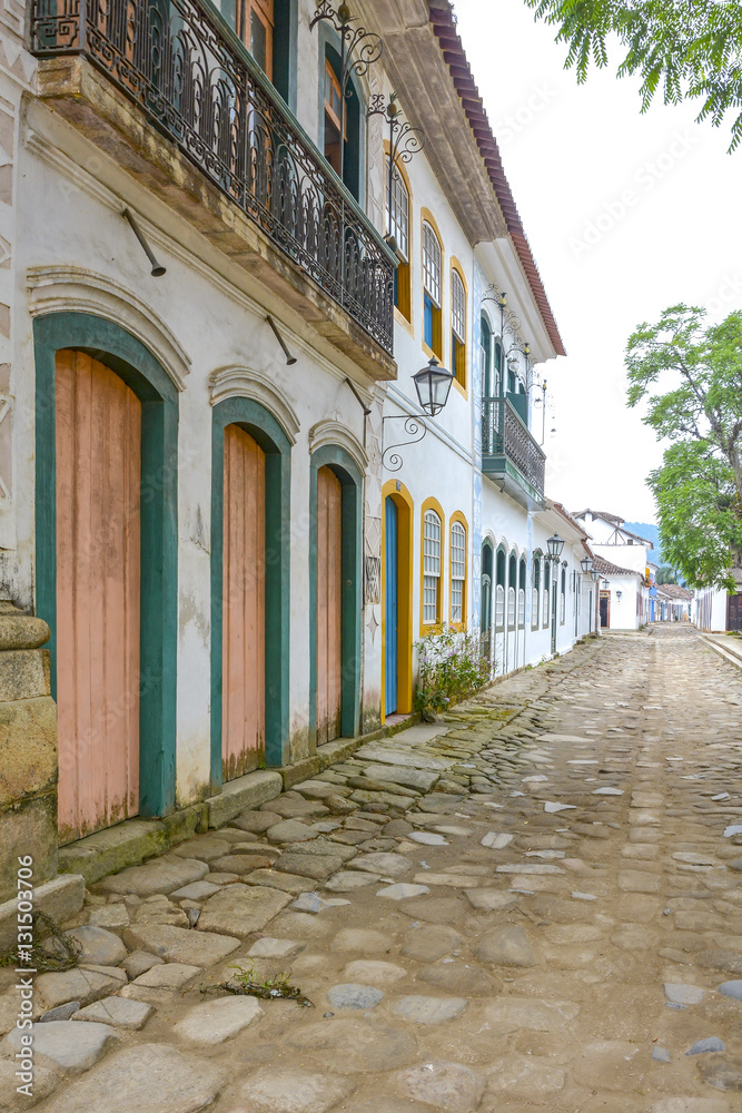 Street with ancient buildings in the old colonial town of Paraty in Rio de Janeiro
