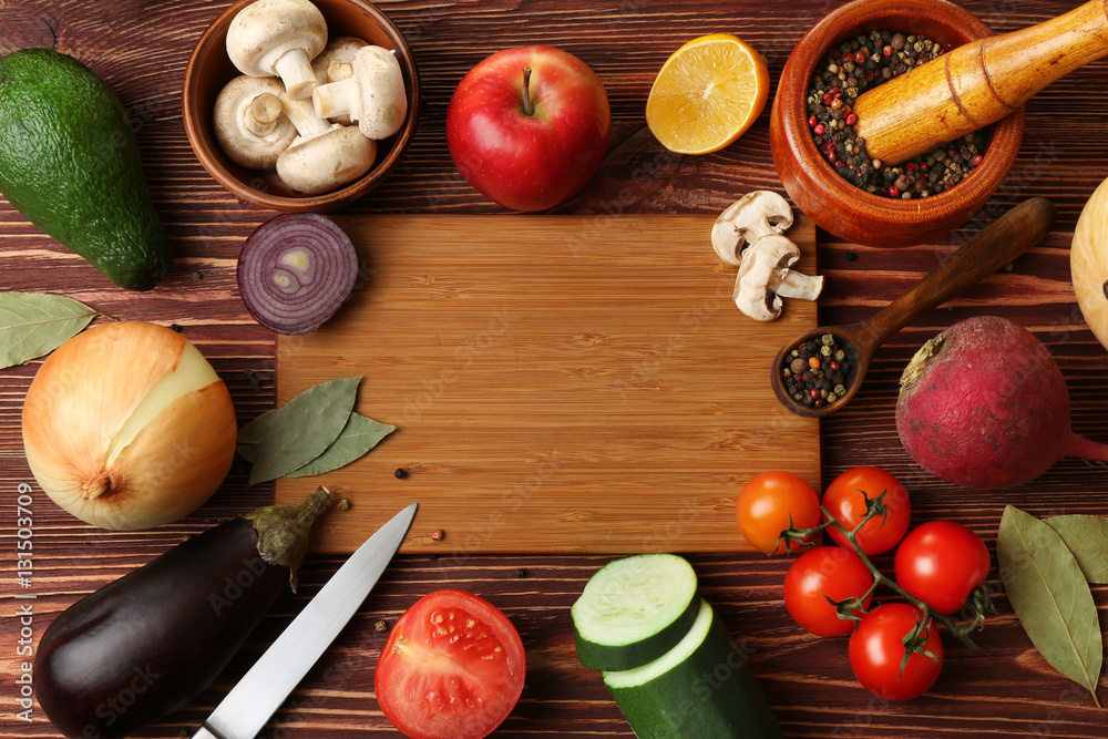 Variety of food products on kitchen table