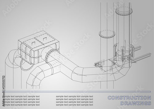 Construction drawings. 3D metal construction. Pipes, piping. Cover, White background for inscriptions. Corporate Identity. Gray