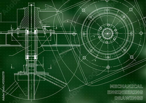 Mechanical engineering drawings. Vector green background. Points