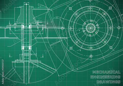 Mechanical engineering drawings. Vector green background. Grid line