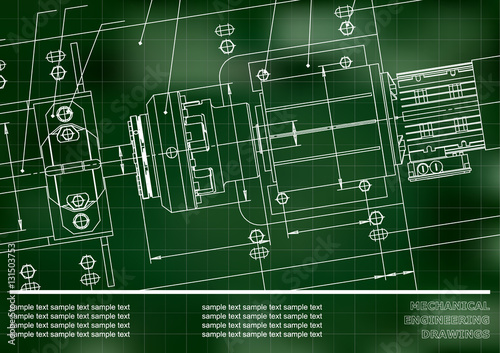 Mechanical engineering drawings on a green background. Vector. Cover  Background for inscription labels. Grid