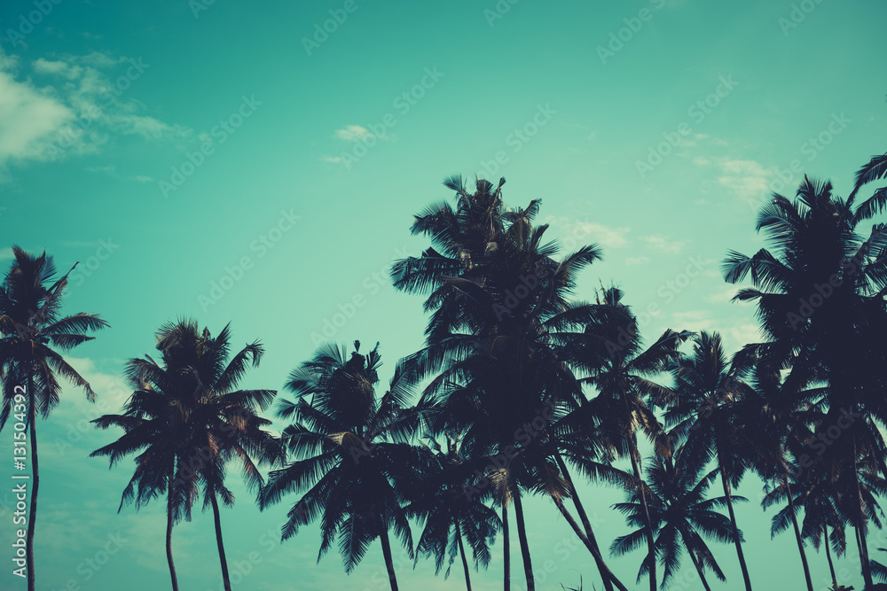 Fototapeta premium Palm trees on tropical beach, vintage toned and retro color stylized