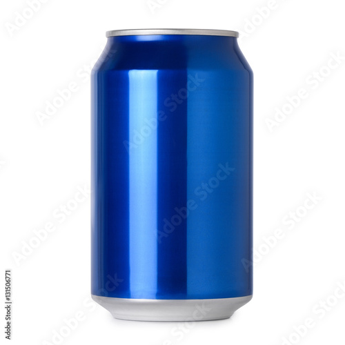 Photograph of blank blue aluminum soda or alcohol drink can for mockup isolated on white background with shadow