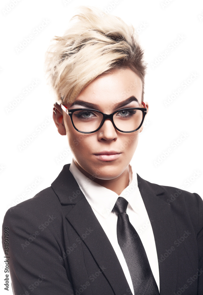 Blond beautiful business lady in black suit