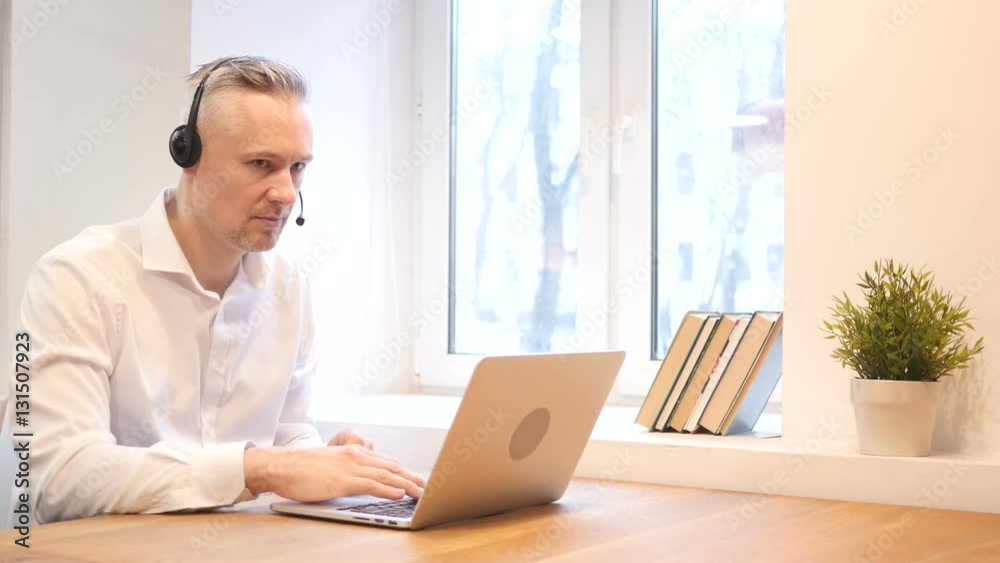 Customer Service, Middle Age Man Talking in Call Center Customer Service, Middle Age Man Talking in Call Center