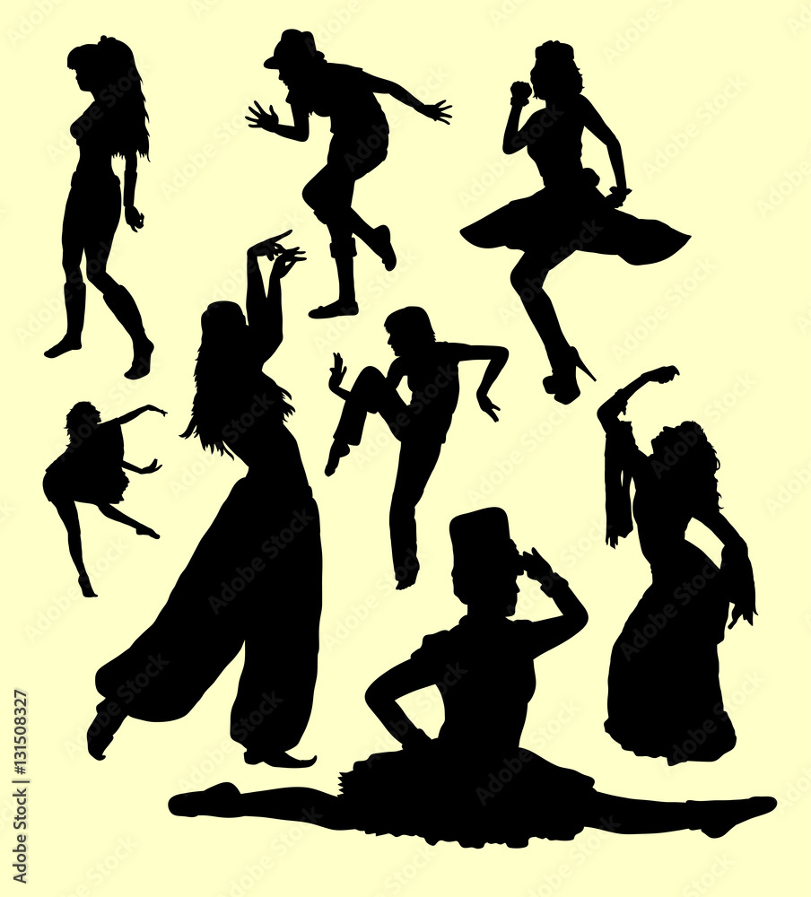 Obraz premium Dancing action girl movement silhouette. Good use for symbol, logo, web icon, mascot, sign, sticker, or any design you want