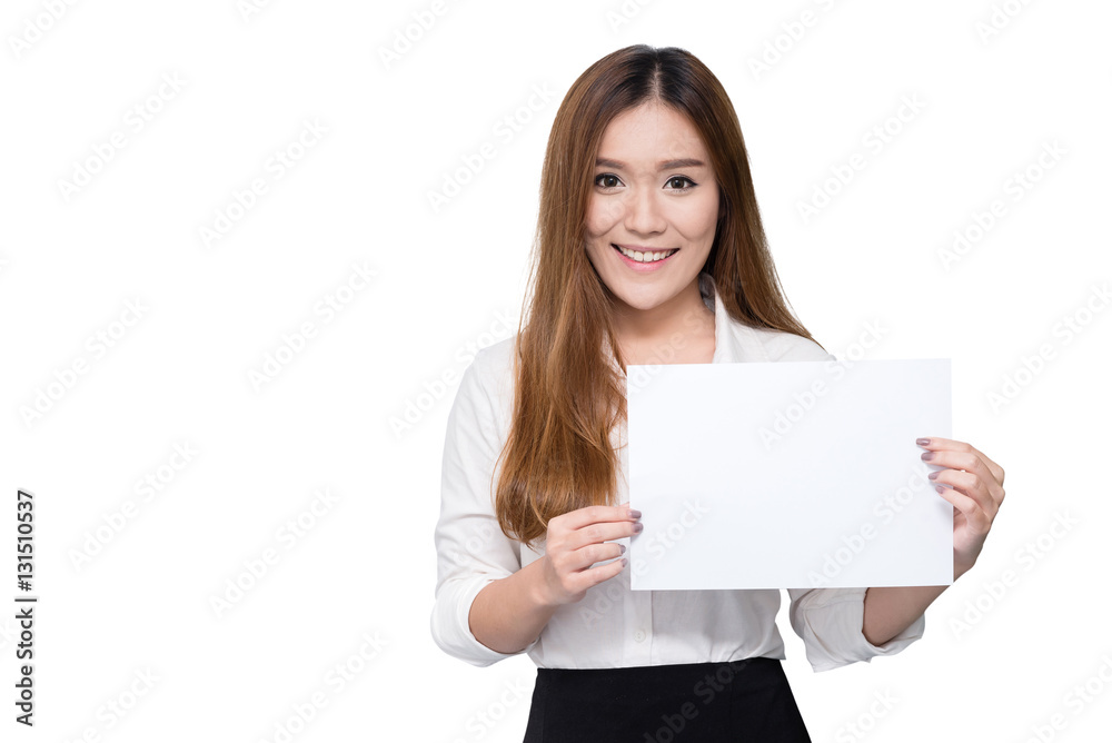 Attractive young beautiful Asian student woman holding blank white paper Attractive young beautiful Asian student woman holding blank white paper