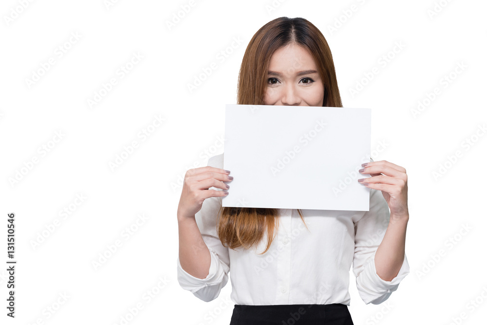 Attractive young beautiful Asian student woman holding blank white paper Attractive young beautiful Asian student woman holding blank white paper