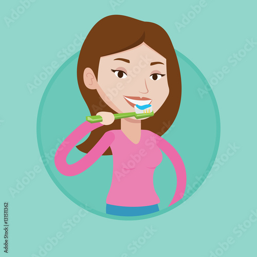 Woman brushing her teeth vector illustration.