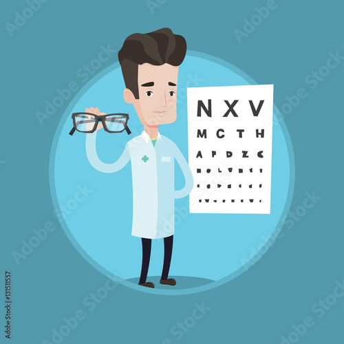 essional ophthalmologist holding eyeglasses.