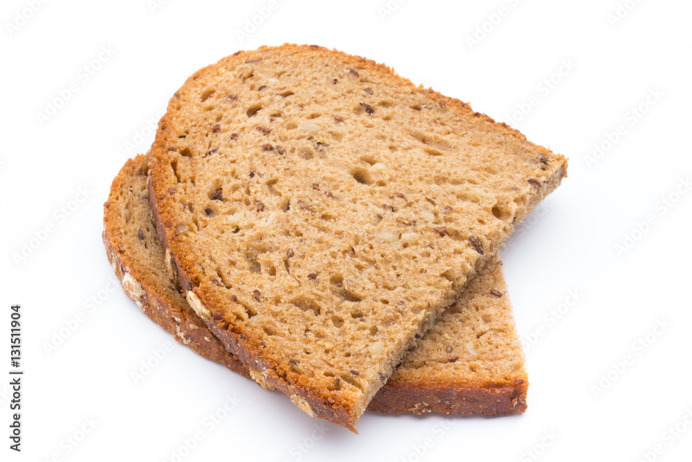 Slices of rye bread isolated on white background.