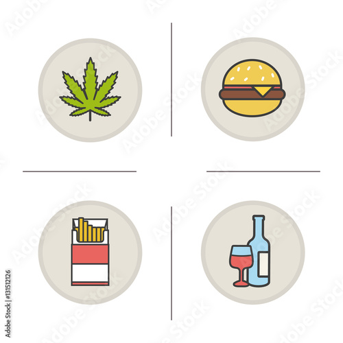 Addictions and bad habits color icons set