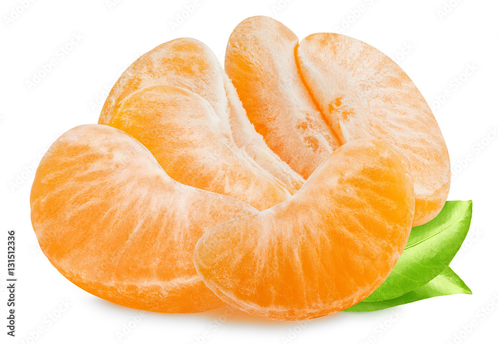 Isolated tangerine or mandarin. Slices of citrus fruit isolated on white background. Tangerine, mandarin, clementine. Clipping path