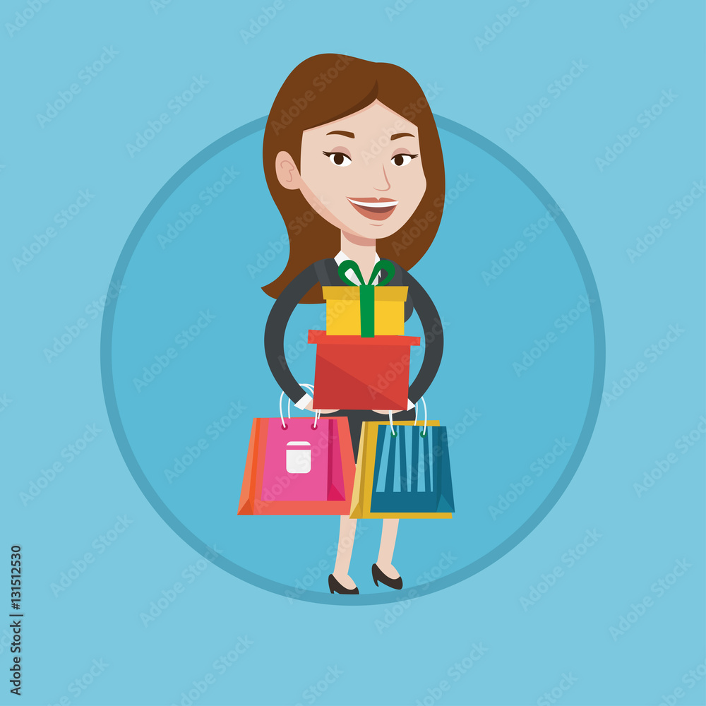 Happy woman holding shopping bags and gift boxes. Happy woman holding shopping bags and gift boxes.