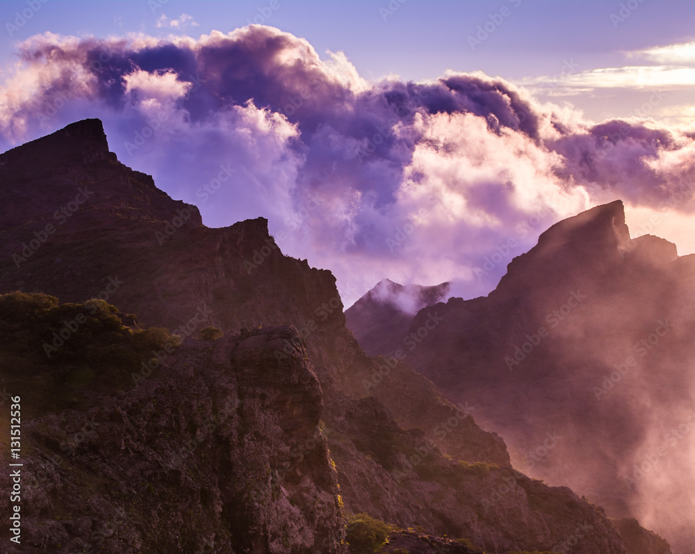 Amazing view of mountain peaks with beautiful clouds, Tenerife, Canary Islands