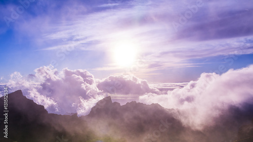 Amazing view of mountain peaks with beautiful clouds, Tenerife, Canary Islands