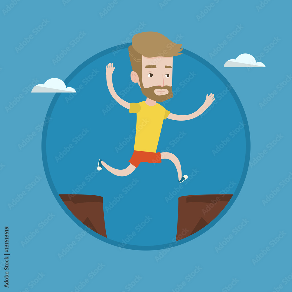 Sportsman jumping over cliff vector illustration.