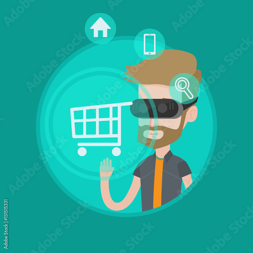 Man in virtual reality headset shopping online.