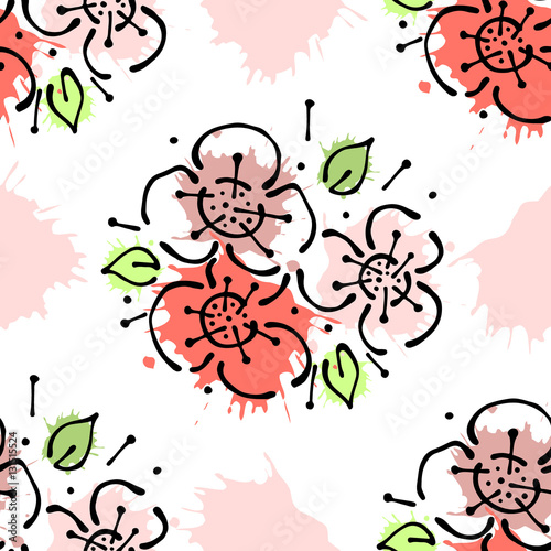 Vector seamless floral pattern with flowers, leaves, decorative elements, splash, blots, drop Hand drawn contour lines and strokes Doodle sketch style, graphic vector drawing illustration photo