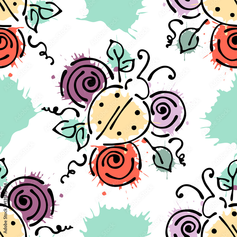 Vector seamless pattern with insect Ladybugs with flowers, leaves ...