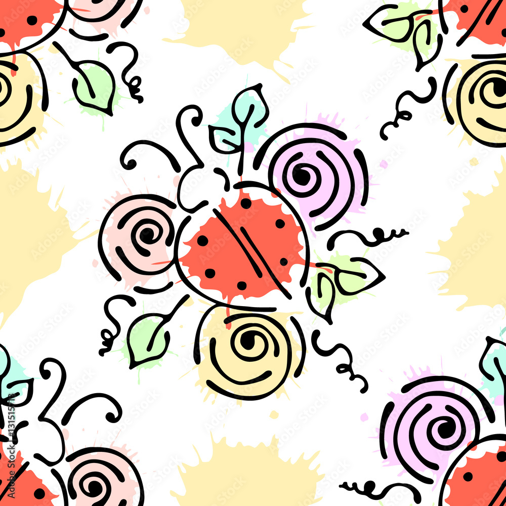 Vector seamless pattern with insect Ladybugs with flowers, leaves ...