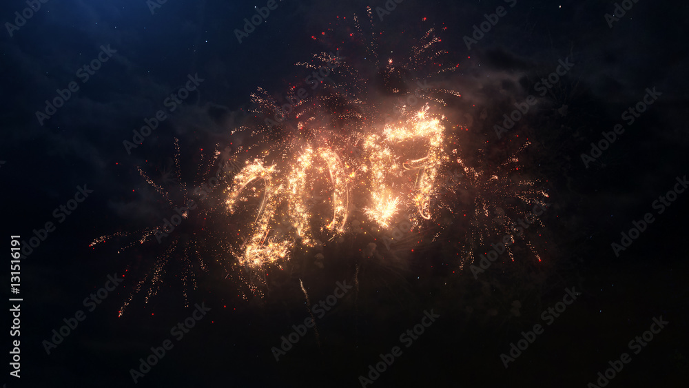 custom made wallpaper toronto digital2017 Happy New Year greeting text with particles and sparks on black night sky with colored slow motion fireworks on background, beautiful typography magic design.