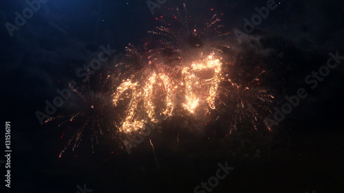 Wallpaper Mural 2017 Happy New Year greeting text with particles and sparks on black night sky with colored slow motion fireworks on background, beautiful typography magic design. Torontodigital.ca