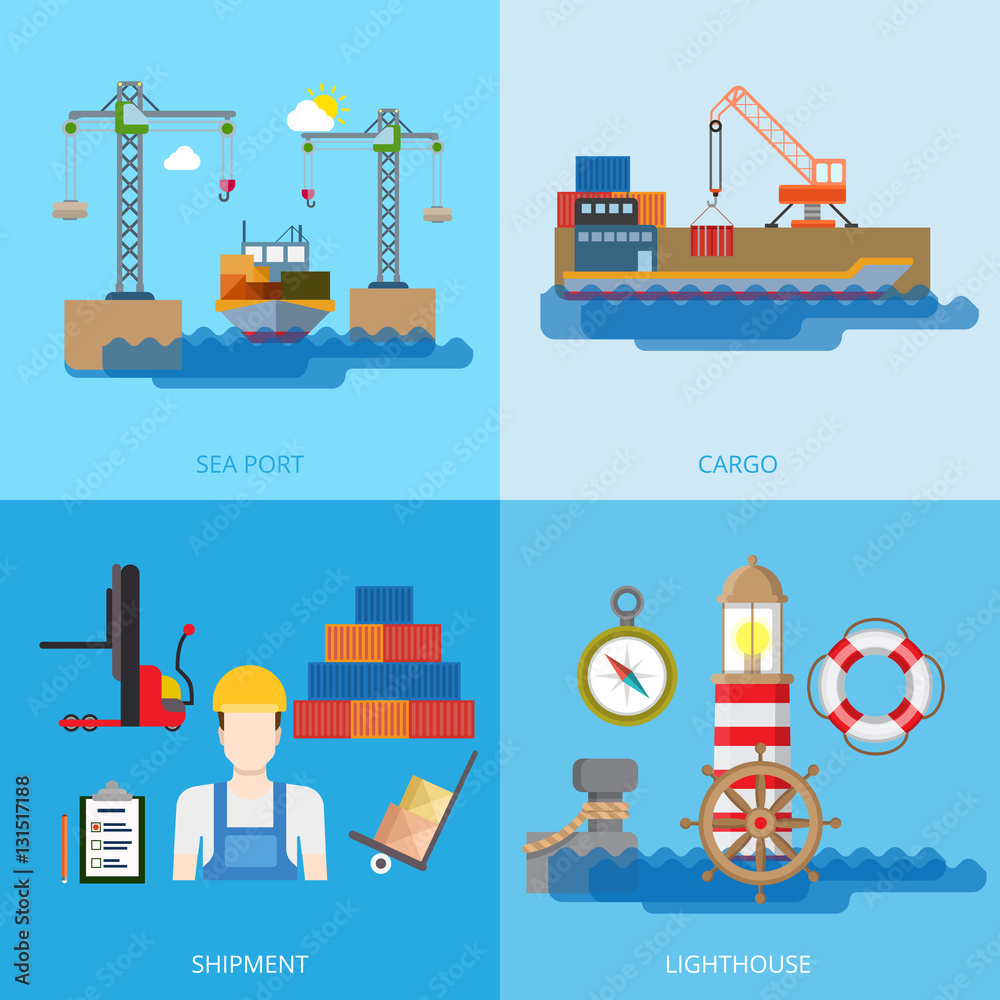 Flat Shipment sea port cargo vector lighthouse. Transportation. Flat Shipment sea port cargo vector lighthouse. Transportation.