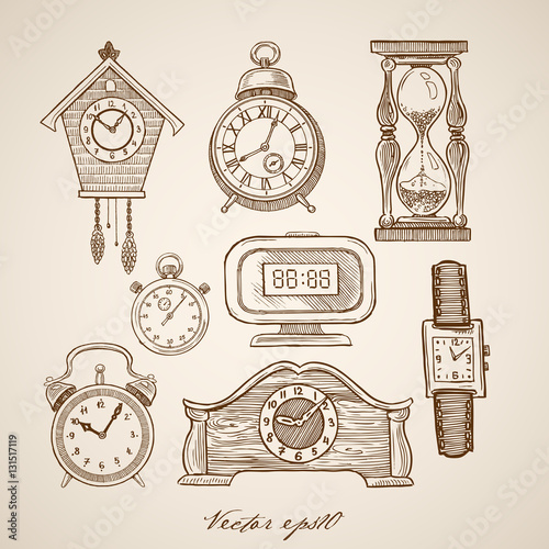 Engraving hand vector clock hourglass cuckoo-clock stopwatch