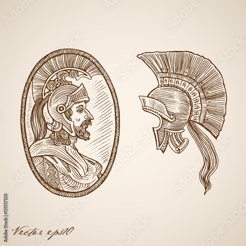 Engraving hand vector legionary Spartan in helmet