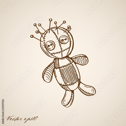 Engraving hand vector needles in head Voodoo Doll